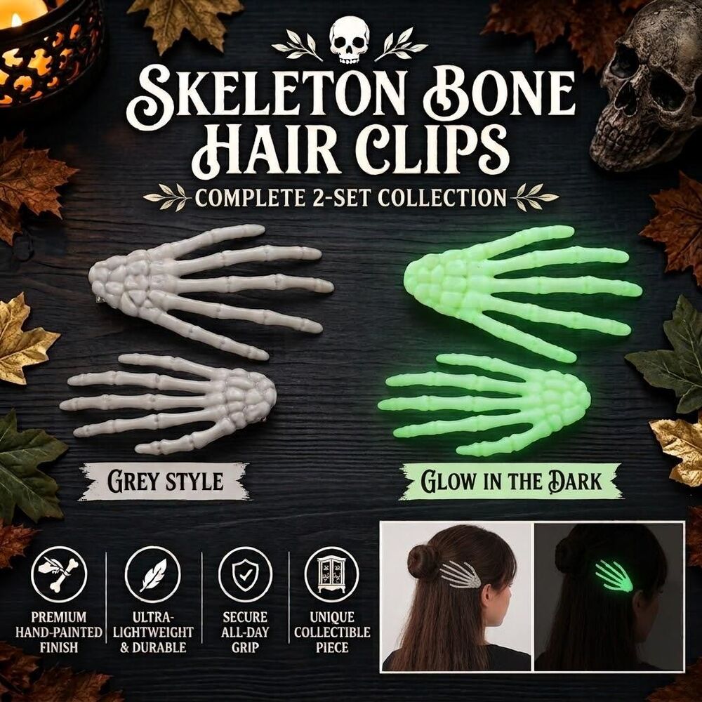 Skeleton Hand Hair Clips (Set of 2) – Grey or Glow in the Dark Skull, Halloween
